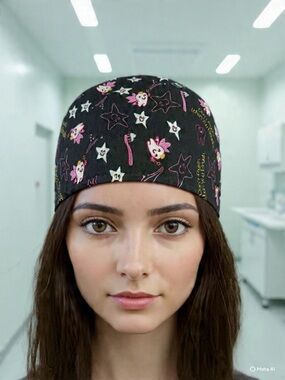 Black Dental-Themed Scrub  Cap with Pink Accents - Cute Tooth & Star Print